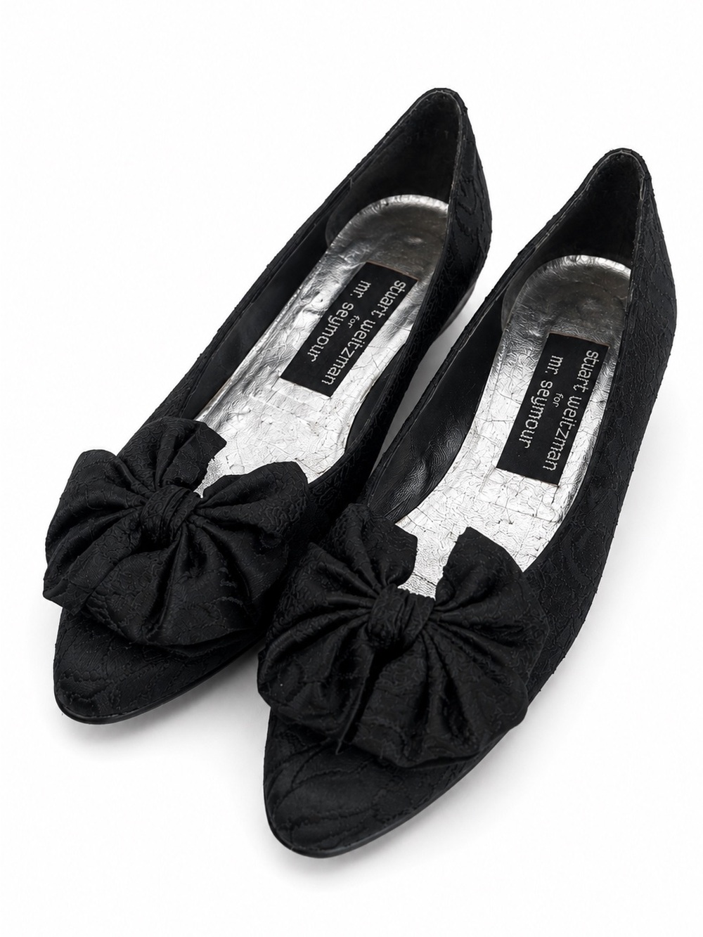 Stuart Weitzman for Mr. Seymour Vintage Black Floral Jacquard Bow Wedge Flats 6